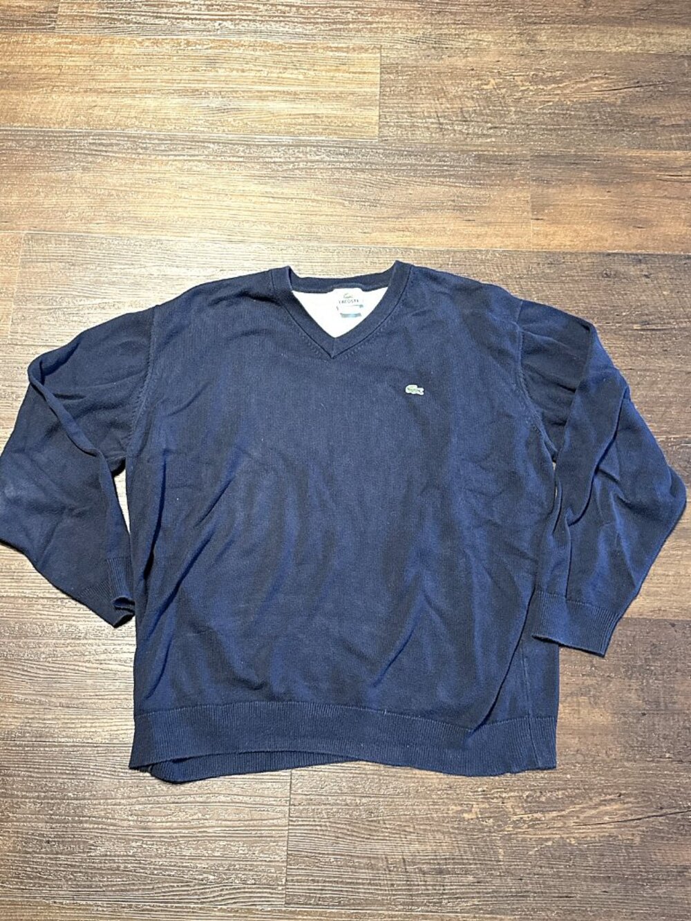 Lacoste Mens V-Neck Cotton Sweater Size L Navy Blue Pullover Croc Logo Tag 8